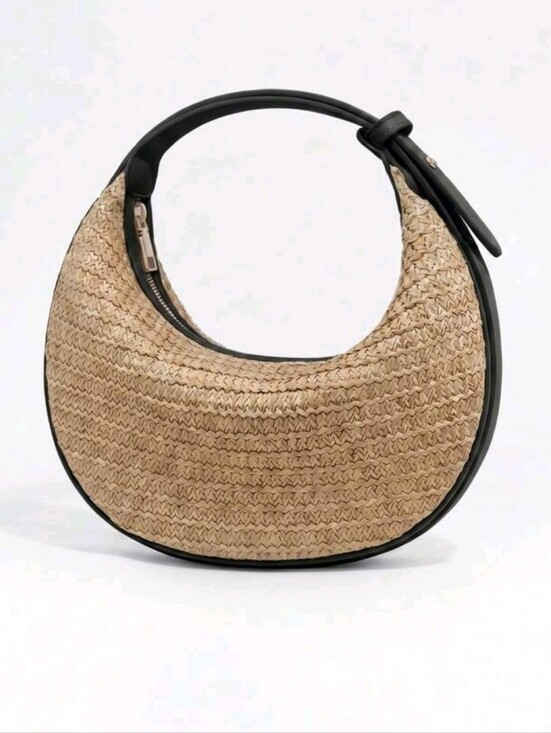 Handbags - Woven Crescent Shoulder Bag in Natural and Black